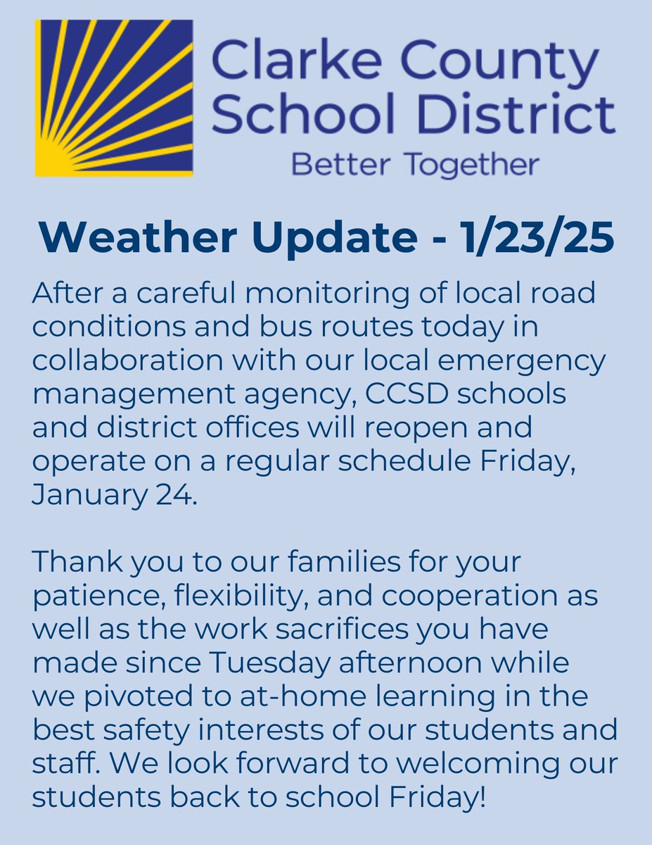 ClarkeCoSchools's tweet image. CCSD schools and district offices to operate on regular schedule Friday, Jan. 24.