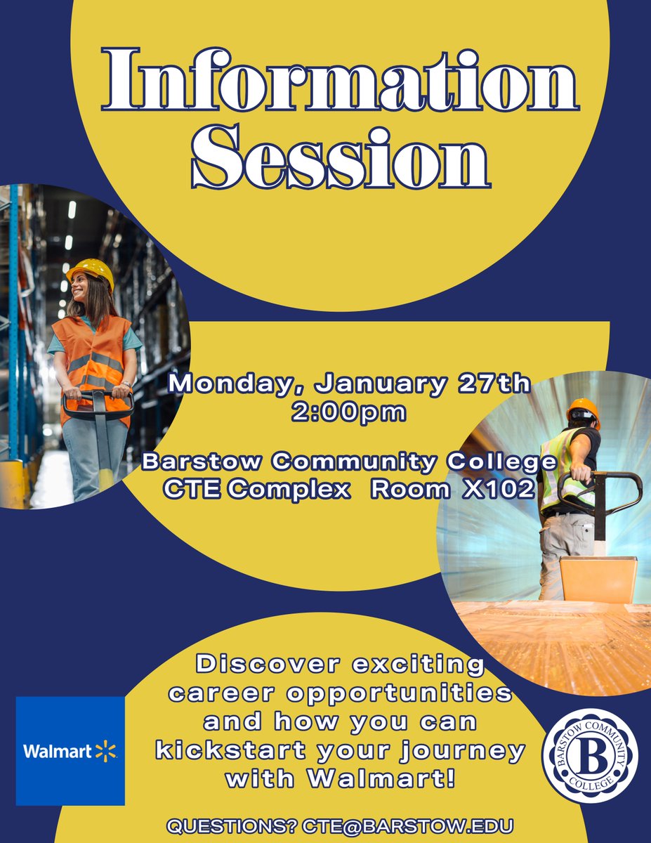 📢 Walmart is coming to BCC! 

Join us on Monday, June 27th, at the CTE Complex to explore  trades career opportunities with Walmart. Don’t miss your chance to learn how to start your journey with one of the world’s leading companies! 

#CareerOpportunities  #TradesCareers