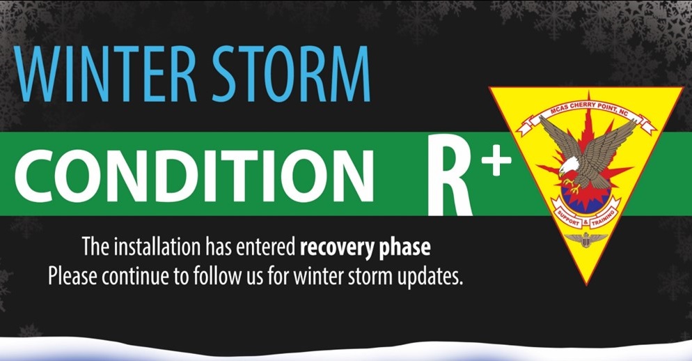 MCAS Cherry Point is in WSC R+, since Jan. 22. Recovery ops are in progress, but the installation remains open for mission-essential ops only. Leaders advise that personnel and residents limit movement until the status is determined all clear. Visit cherrypoint.marines.mil.