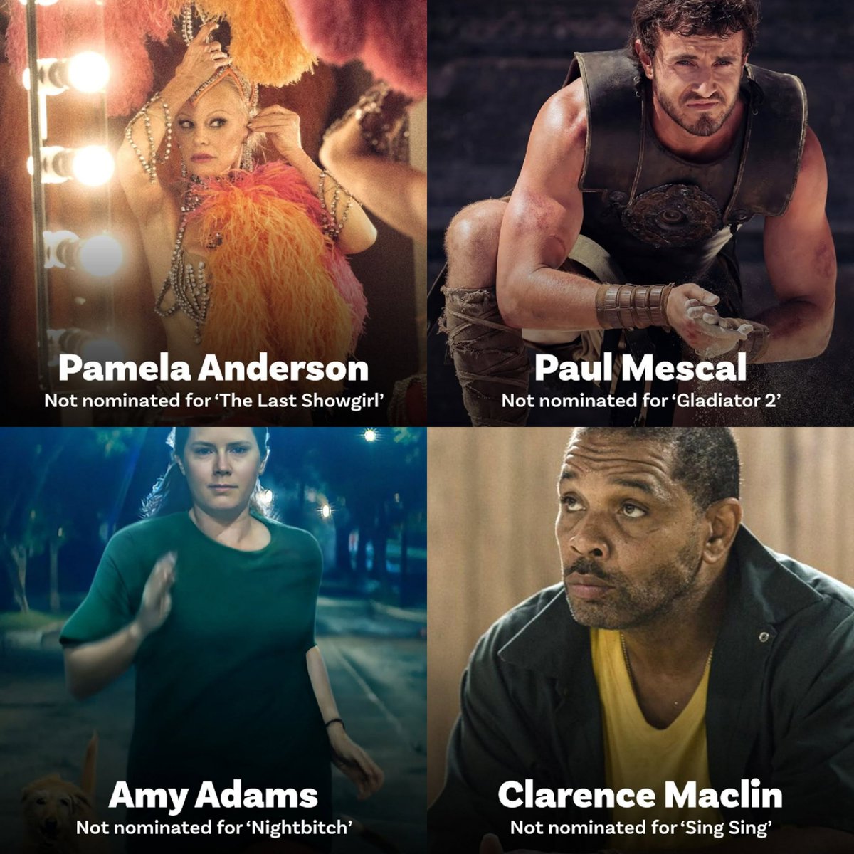 Moodcinemashow's tweet photo. Les nominations aux #Oscars2025 sont arrivées  et les gens sont choqués de voir ces stars et ces films exclus de la course Qui a été snobé selon vous?

 #denzelwashington #MargaretQualley #NicoleKidman  #JonathanBailey #hughgrant #PaulMescal  #AmyAdams #AngelinaJolie #SelenaGomez https://t.co/RsocqOJxmY