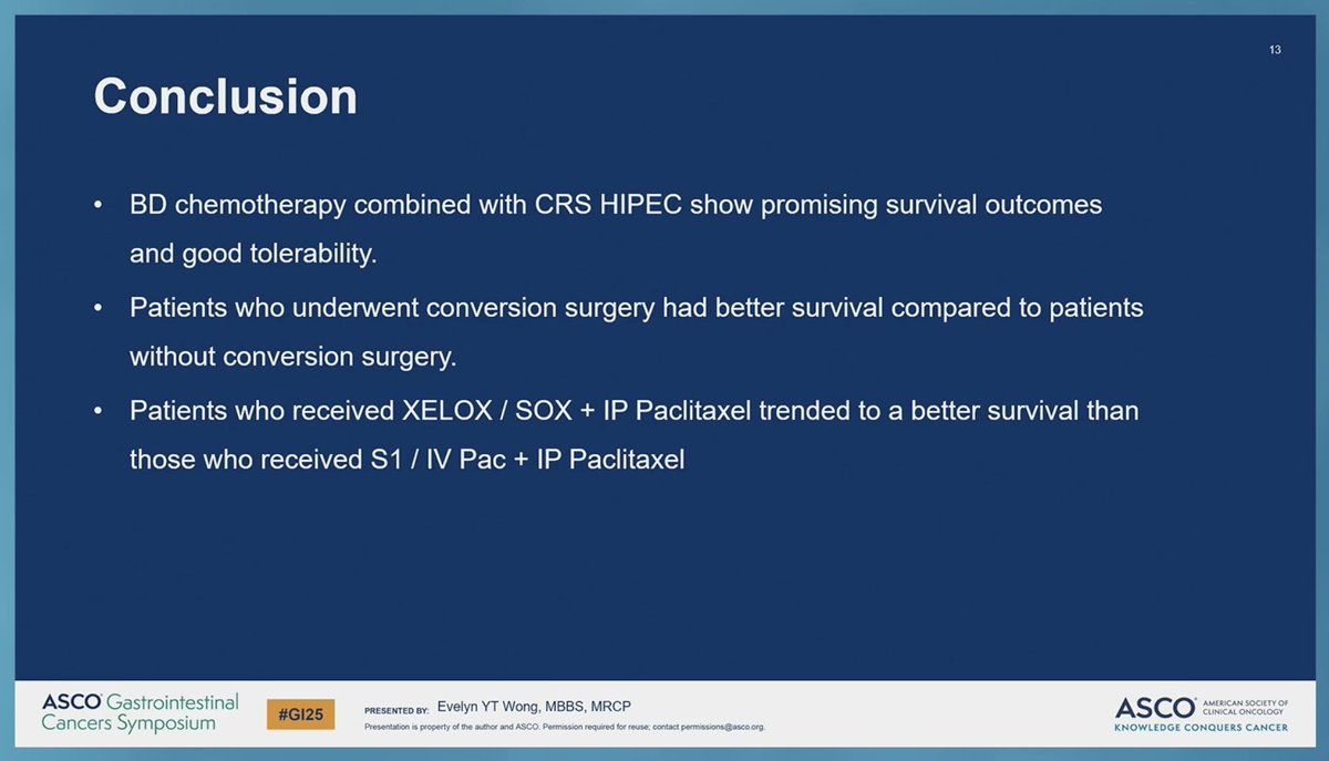 Arndt Vogel (@arndtvogel) on Twitter photo Outcomes of patients with peritoneal-limited metastatic gastric cancer undergoing bidirectional CTx cytoreductive surgery with HIPEC #ASCOGI25
🔎 PRECISE-SG 1, single center RWD
👉mPFS 9.5
👉mOS 17.5mo
👉Surgery associated w/ better OS
<a href="/myESMO/">ESMO - Eur. Oncology</a> Outcomes of patients with peritoneal-limited metastatic gastric cancer undergoing bidirectional CTx cytoreductive surgery with HIPEC #ASCOGI25
🔎 PRECISE-SG 1, single center RWD
👉mPFS 9.5
👉mOS 17.5mo
👉Surgery associated w/ better OS
<a href="/myESMO/">ESMO - Eur. Oncology</a>