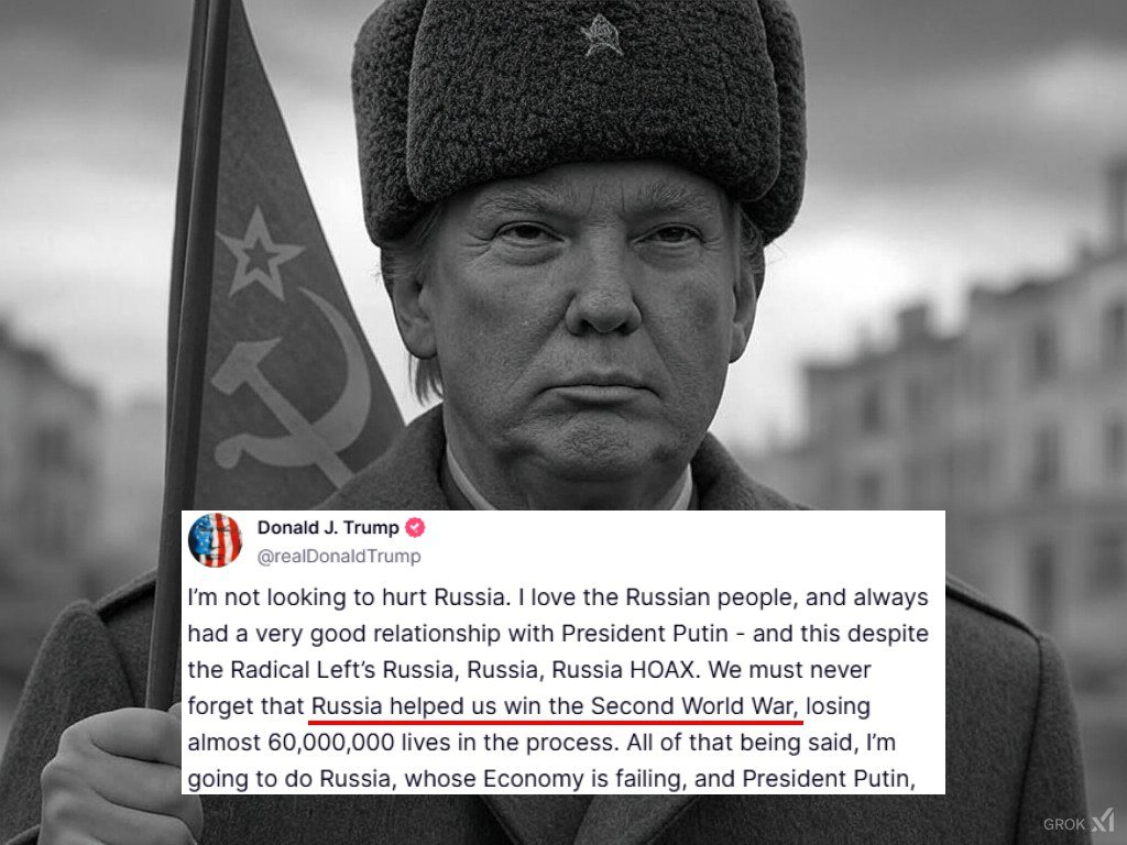ActualidadRT's tweet photo. ❓¿CÓMO INTENTA EE.UU. REDIBUJAR LA HISTORIA? 

Trump hizo un comentario atrevido al afirmar que Rusia "ayudó" a EE.UU. a lograr la victoria en la II Guerra Mundial. "Nunca debemos olvidar que Rusia nos ayudó a ganar la IIGM, perdiendo casi 60 millones de vidas en el proceso"🧵👇 https://t.co/TOseco3KUJ