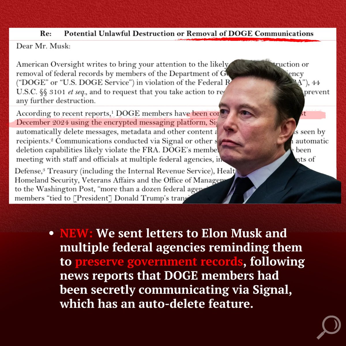weareoversight's tweet image. NEW: We sent letters to Elon Musk and multiple federal agencies reminding them to preserve government records, following news reports that DOGE members had been secretly communicating via Signal, which has an auto-delete feature.
americanoversight.org/new-american-o…