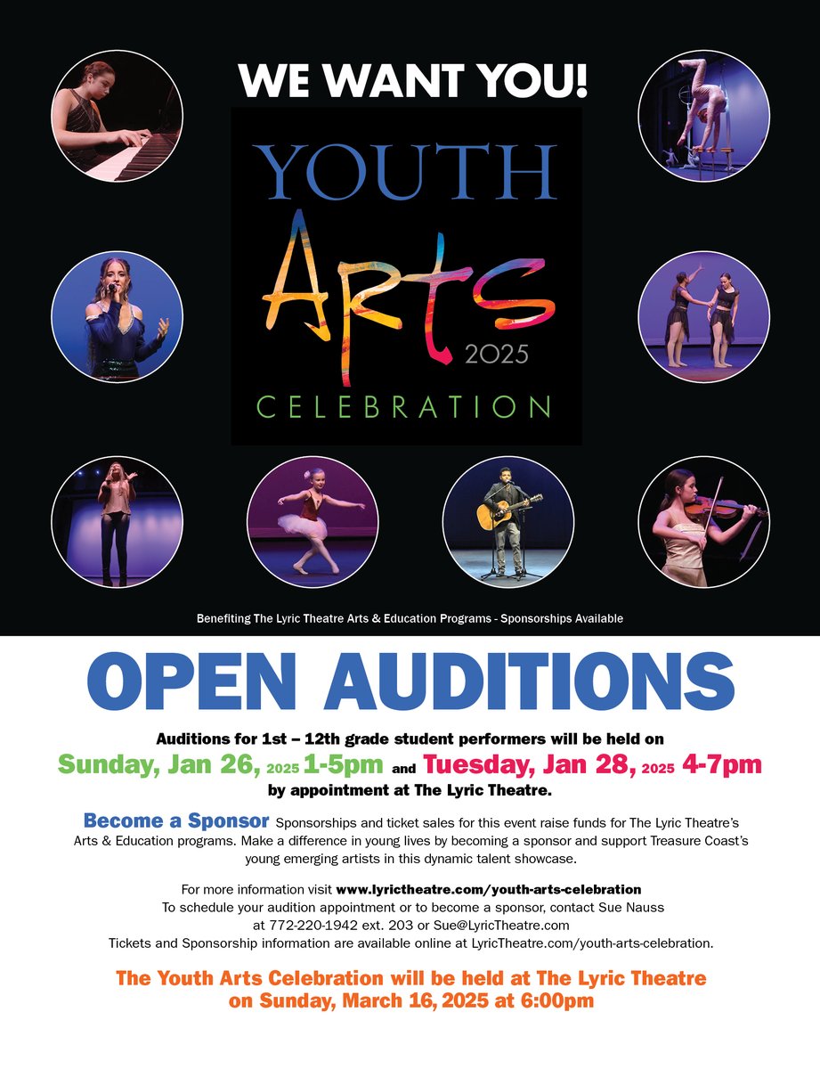 Auditions are Sunday, Jan, 26, 2025, from 1 PM to 5 PM, and Tuesday, Jan. 28, 2025, from 4 PM to 7 PM at The Lyric Theatre in Stuart, FL.

By appointment only. Contact Sue Nauss at sue@lyrictheatre.com or 772-286-7827 and reference "YAC AUDITION." Don’t miss your chance to shine!