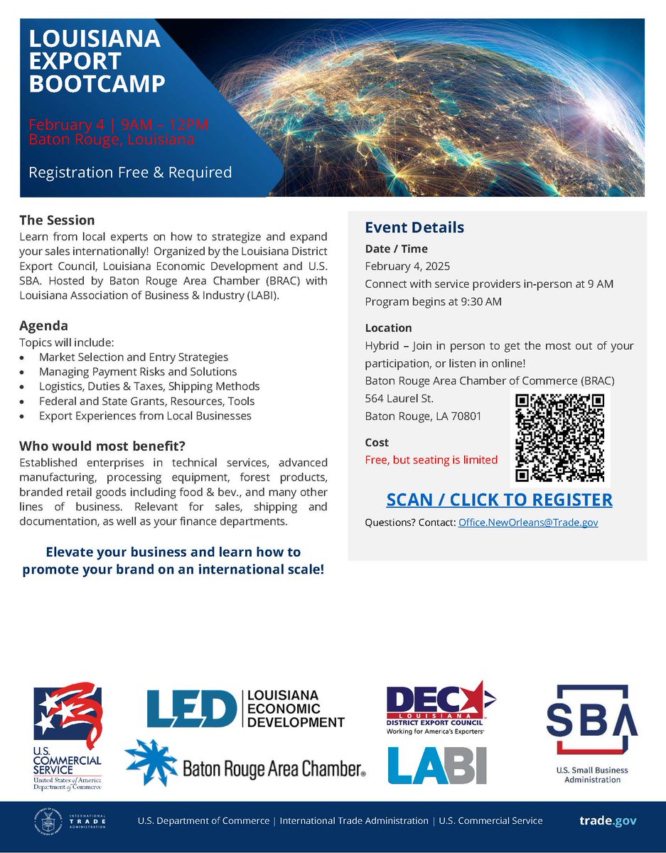 🌎 Expand Your Business Beyond Borders! 🌎

Join the Louisiana Export Bootcamp on February 4, 2025—a FREE hybrid training designed to help your business grow internationally!

Register here: eventbrite.com/e/export-bootc…