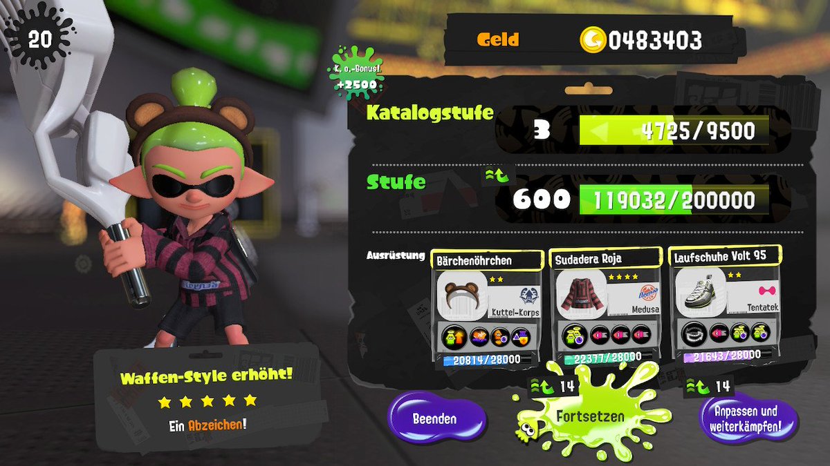 Wulfinator51's tweet photo. Fünf Sterne auf Splatling Deko, Karbonroller Deko, Ordnung-Kalligraf Replik und Dual-Platscher SE erreicht! 
Ich genieße den Freigang.

#Splatoon3 #Splatoon #NintendoSwitch #Nintendo https://t.co/1bSJtilkov