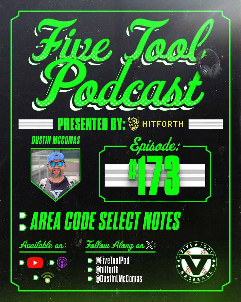 Episode 1️⃣7️⃣3️⃣ of the <a href="/FiveTool/">Five Tool Baseball</a> Podcast - presented by <a href="/Hitforth/">HITFORTH</a>

With: <a href="/DustinLMcComas/">Dustin McComas</a> 

Mentions: <a href="/AidenShreve6/">Aiden Shreve</a> <a href="/BlaineBullard3/">Blaine Bullard</a> <a href="/Cashscarb/">Cash Scarborough</a> <a href="/The_CashW/">Cash Williams</a> <a href="/cj_sampson7/">CJ Sampson</a> <a href="/HarperGates3/">Harper Gates27</a> + more!

🤔Area Code Select Notes

🔗fivetool.org/podcasts

🍎 podcasts.apple.com/us/podcast/the…