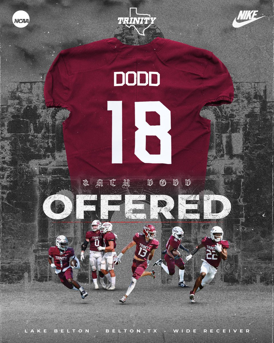 Zach Dodd (@zach_dodd11) on Twitter photo After a great visit with <a href="/CoachGezella/">Coach Gezella</a> and a great conversation with <a href="/JerhemeUrban83/">Jerheme Urban</a> i am blessed to receive an offer from <a href="/TUFootballTX/">Trinity University Football</a> !
<a href="/CoachCope23/">Brian Cope</a> <a href="/BByrd24/">Brandin Byrd</a> <a href="/CoachTibbs12/">Haygen Tibbetts</a> <a href="/Pistol_Pogue/">Jamie Pogue</a> After a great visit with <a href="/CoachGezella/">Coach Gezella</a> and a great conversation with <a href="/JerhemeUrban83/">Jerheme Urban</a> i am blessed to receive an offer from <a href="/TUFootballTX/">Trinity University Football</a> !
<a href="/CoachCope23/">Brian Cope</a> <a href="/BByrd24/">Brandin Byrd</a> <a href="/CoachTibbs12/">Haygen Tibbetts</a> <a href="/Pistol_Pogue/">Jamie Pogue</a>