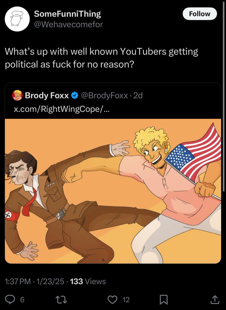 BrodyFoxx's tweet image. “Hating Nazis is political!!” 

Yo mama clearly didn’t raise you right.