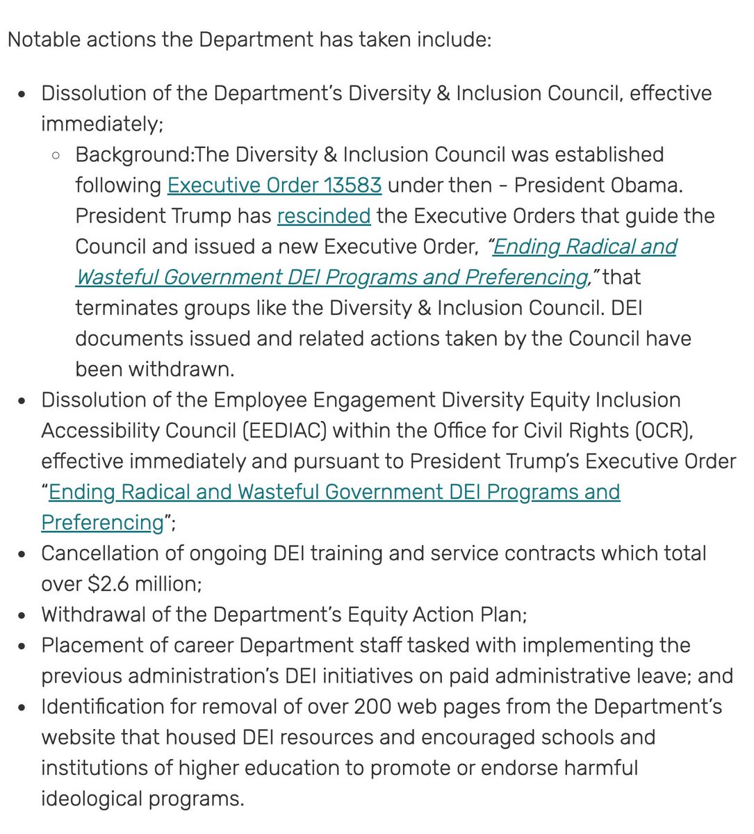 BREAKING: The Department of Education has terminated its DEI Council, withdrawn its Equity Action Plan, canceled $2.6 million in DEI training contracts,  and placed all DEI staffers on leave, effective immediately. They are laying siege to the institution—with more to come.