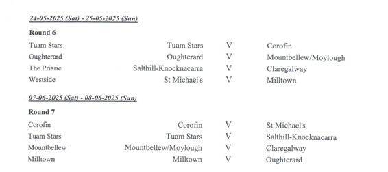 <a href="/tuamstarsgaa_/">Tuam Stars GAA</a> <a href="/CorofinGAA/">Corofin.GAA</a> <a href="/OughterardGAA/">Oughterard GAA / LGFA</a> <a href="/_MMGAA/">Mountbellew/Moylough GAA</a> <a href="/skgaa/">skgaa</a> <a href="/ClaregalwayGaa/">Claregalway GAA / LGFA</a> <a href="/StMichaelsGAA/">St Michaels GAA Club</a> <a href="/milltown_gaa/">Milltown GAA Galway</a> 
#leaguefixtures 
#div1 
#galwaygaa 
<a href="/AhRefGalway/">Ah Ref Galway</a> <a href="/gbfmsports/">Galway Bay FM Sport</a> <a href="/TuamHerald/">Tuam Herald</a> <a href="/CTribune/">Connacht/CityTribune</a> <a href="/maroonwhitepod/">The Maroon & White Pod</a>