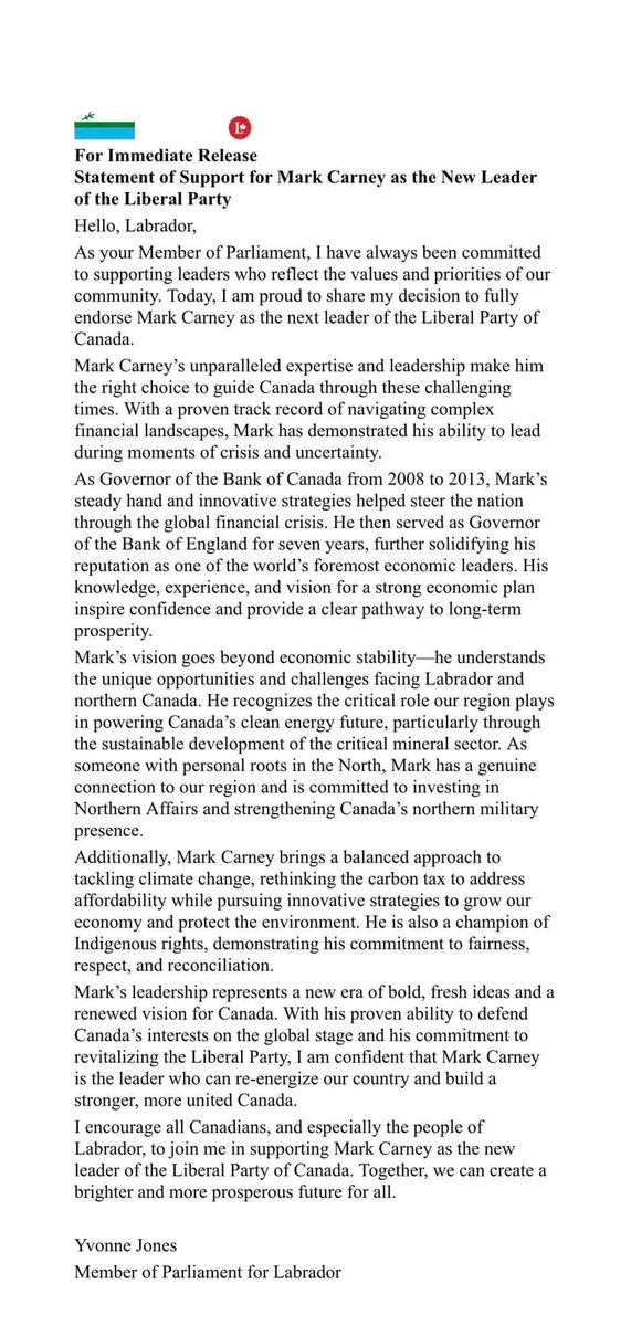 YvonneJJones's tweet photo. Please see my below statement, endorsing Mark Carney as the new liberal leader of Canada 🍁 
@MarkJCarney #Labradorstrong @liberal_party @nlliberals @LiberalCaucusNL @NTVNewsNL @CBCNL @LPCBC https://t.co/RQDccgKIfm