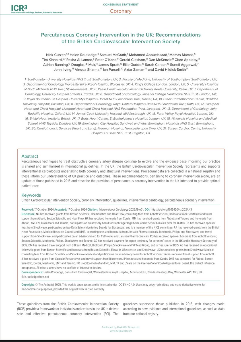 Important update on 🇬🇧 PCI guidelines now published - first time since 2015 !

Will be presented &amp; discussed @ACI 2025 next week by Dr Helen Routledge 

🕰️ to do homework &amp; be ready for questions 🍿 

<a href="/BCIS_uk/">BCIS</a> <a href="/MillbrookMed/">Millbrook Medical Conferences</a>