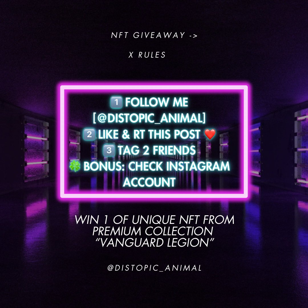 distopic_animal's tweet photo. 🚀 NFT GIVEAWAY ALERT!
 🎉 Win 1 unique NFT from my collection!

How to enter:
 1️⃣ Follow [@distopic_animal] 2️⃣ RT this post  3️⃣ Tag 2 friends 

⏳ End: 01/31/25 🏆 Winners announced: 02/02/25

#NFTGiveaway #NFTDrop #NFTCommunity #opensea #NFTEvent #OpenSeaNFT https://t.co/RVwDmb5C0N