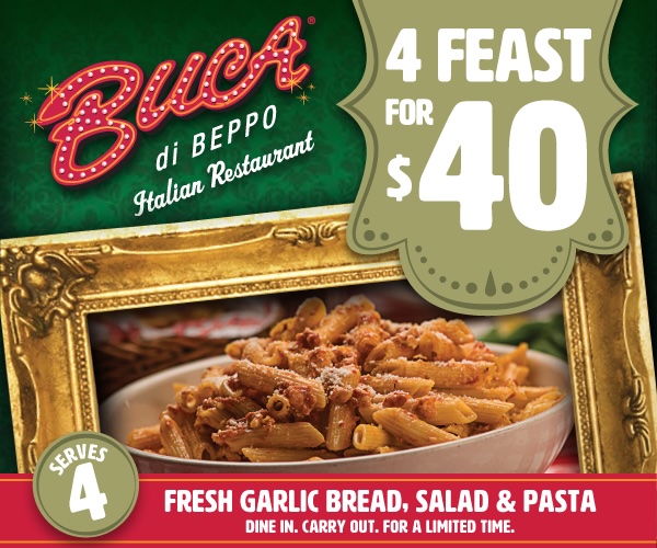 New! Our Feasts for 4!  Enjoy our delicious garlic bread, a choice of salad and a choice of one of our favorite five pasta dishes all for $40.  Serves your party of 4 for a limited time! Available via dine in or carryout!