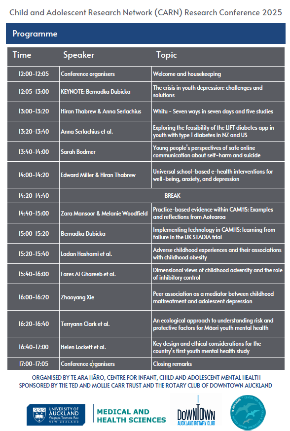 Excited to see <a href="/icamhNZ/">Te Ara Hāro | Centre for ICAMH NZ</a> 's *free* hybrid conference details released today. Keynote from <a href="/bernadkad/">Bernadka Dubicka</a> and a great programme of short talks for/by CAMHS researchers and clinicians. 

Thanks to the sponsors, and the organising super team <a href="/HiranThabrew/">Dr Hiran Thabrew</a> <a href="/StasiakSylman/">Karolina Stasiak 👩🏻‍💻</a> <a href="/DrMBekker/">Marthinus Bekker</a>