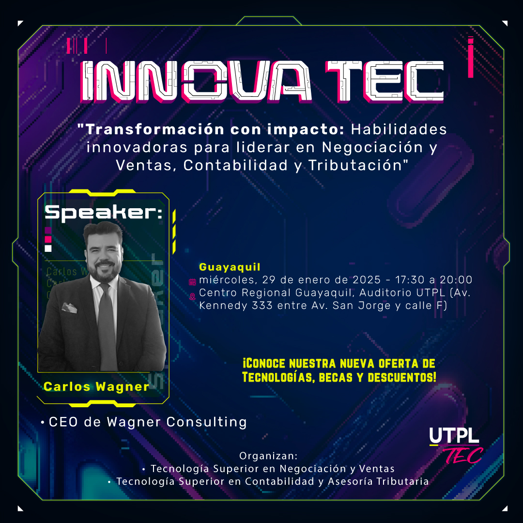 👩‍💻Charla gratuita: "Transformación con impacto: Habilidades innovadoras para liderar en Negociación y Ventas, Contabilidad y Tributación"
📈Domina las técnicas efectivas para conectar con tus clientes 
🗓️29 de enero
🕠17h30
📍UTPL Guayaquil Kennedy
💻bit.ly/EventosGratuit…