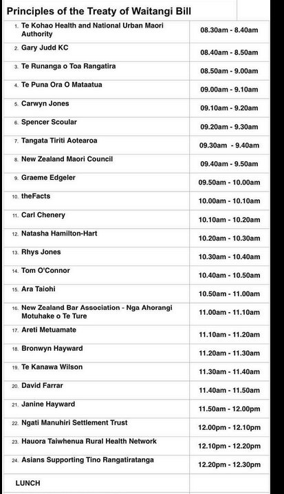 vomalley's tweet photo. Here is the full list of parties giving oral submissions to the Justice Committee on the Treaty Principles Bill next Monday, along with the livestream link to watch it.
https://t.co/2o11MMFjKL https://t.co/sp7mukNyAl