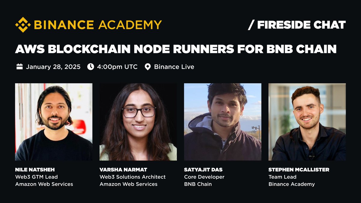Binance Academy (@binanceacademy) on Twitter photo Join us on Binance Live as we dive into the new "AWS Blockchain Node Runners for BNB Chain" course!
Learn how this collaboration between #Binance Academy, <a href="/awscloud/">Amazon Web Services</a> and <a href="/BNBCHAIN/">BNB Chain</a> is empowering Web3 developers.
🗓️ Date: 28 January 2025, 4pm UTC
🎙️ Featuring AWS and BNB Chain Join us on Binance Live as we dive into the new "AWS Blockchain Node Runners for BNB Chain" course!
Learn how this collaboration between #Binance Academy, <a href="/awscloud/">Amazon Web Services</a> and <a href="/BNBCHAIN/">BNB Chain</a> is empowering Web3 developers.
🗓️ Date: 28 January 2025, 4pm UTC
🎙️ Featuring AWS and BNB Chain