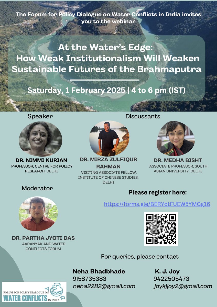 Webinar on the Mega Hydropower Project by China on the Yarlung Zangbo (Brahmaputra) in Tibet

Organized by: <a href="/water_conflicts/">The Water Conflict Forum</a>
Date: 1st Feb 2025 (Saturday)
Time: 4:00 PM to 6:00 PM IST

Register here: forms.gle/BERYotFUEW5YMG…

<a href="/Indian_Rivers/">SANDRP</a> <a href="/indiawater/">India Water Portal</a> <a href="/sidagarwal/">Siddharth Agarwal</a> <a href="/Neha429/">Neha Bhadbhade</a>