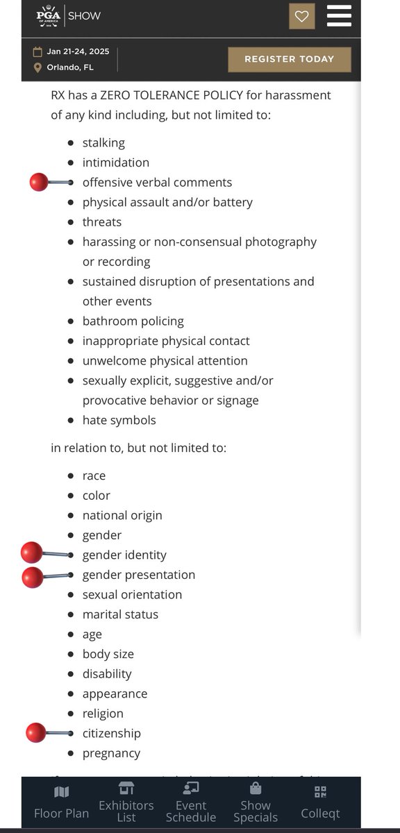 GolfProBro's tweet photo. See policy by @PGA for annual @PGAShow. I’ll preface, actual harassment is unacceptable period. 

Does “of any kind” mean that saying:
“Gay” “pedophile” or “illegal alien”
Is the same as…
A religious slur or the N word (both actually bad)

The gender stance is also accurate? https://t.co/Dbh5KRW50a