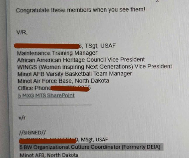 Minot Air Force Base is still doing DEI, but it is now called Organizational Culture Office to circumvent Trump