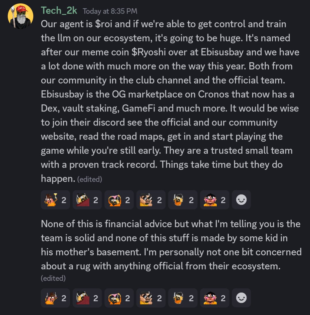 Just a little message I posted over <a href="/agentfunai/">AgentFun.Ai</a> to alert #crofam about some things happening over <a href="/EbisusBay/">Ebisu's Bay | GameFi - NFT Market - DEX</a> on the <a href="/cronosapp/"></a> which also happens to have <a href="/ryoshiwithknife/">Ryoshi with Knife 🔪</a> 🙂