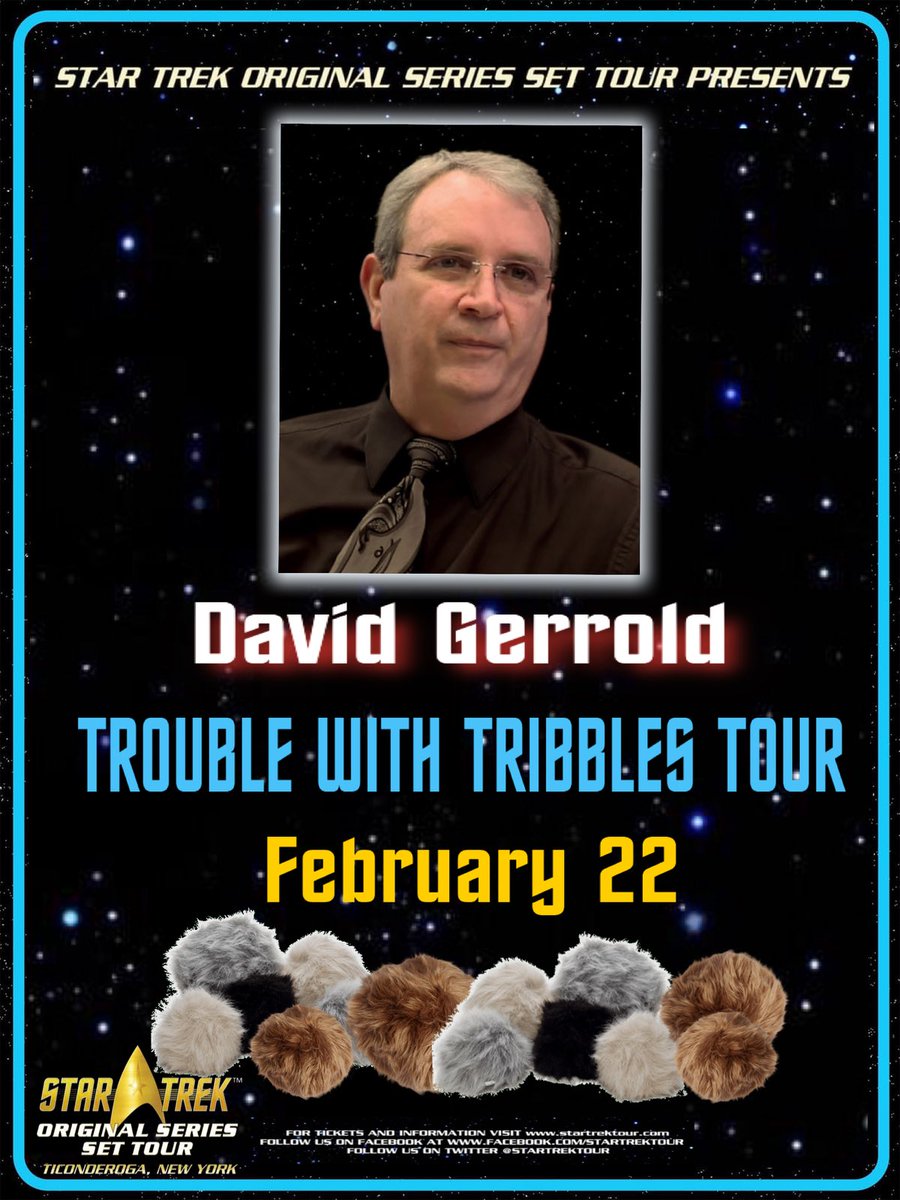 startrektour's tweet photo. James Cawley and the Star Trek Set Tour are thrilled to announce that famed author David Gerrold will be with us once a month, starting February 22nd! David,the creator of Tribbles and the writer who brought The Trouble with Tribbles to the screen, as well as many other acclaimed novels. He will be doing tours, signing autographs, and greeting fans. 
Tickets at : https://t.co/s9q0Z52ccR