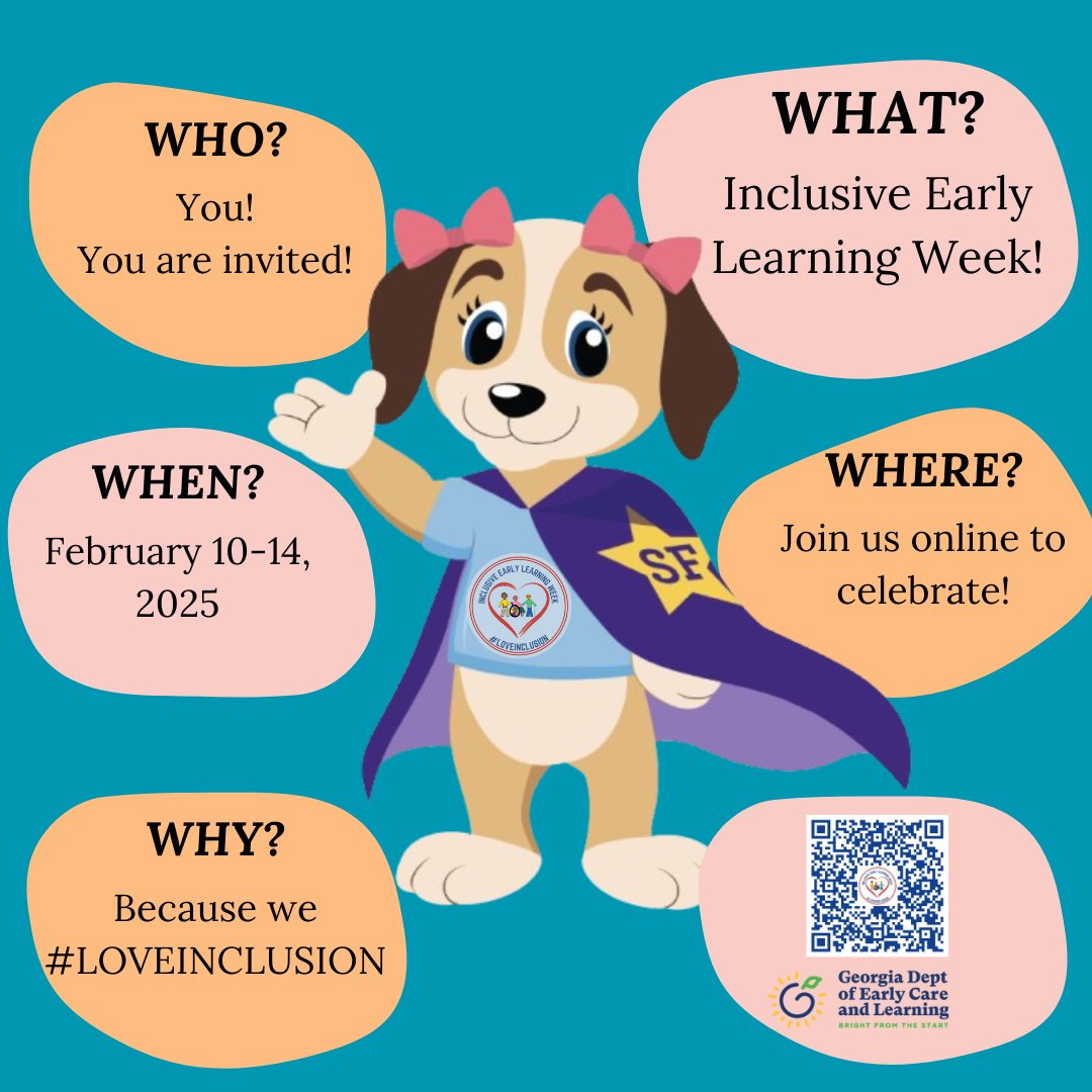 GADeptEarlyCare's tweet photo. You are Invited! Who’s ready to Celebrate Inclusive Early Learning Week 2025! We can’t wait to see how you #LOVEINCLUSION in your classrooms, programs and with your family. #loveinclusion #GaSEEDSforSUCCESS
https://t.co/7E98fPcx6U https://t.co/R0Lp8Zx8u5