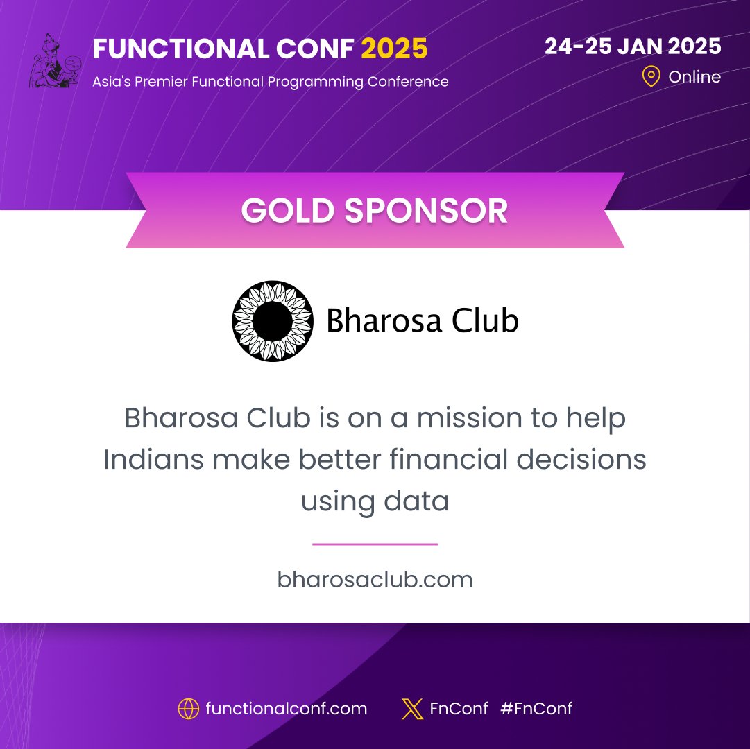 Functional Conf thanks Bharosa Club for their support, helping us to bring you this year's event!

Be sure to visit their booth!

#FnConf #BharosaClub
