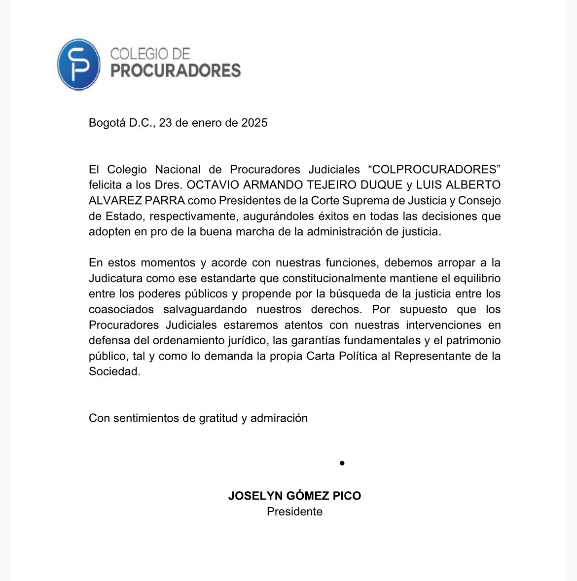 Colegio de Procuradores Judiciales (@colprocuradores) on Twitter photo Felicitaciones sinceras a los Doctores OCTAVIO AUGUSTO TEJEIRO DUQUE y LUIS ALBERTO ÁLVAREZ PARRA como Presidentes de la Corte Suprema de Justicia y Consejo de Estado, respectivamente. <a href="/CorteSupremaJ/">Corte Suprema de Justicia</a> <a href="/consejodeestado/">Consejo de Estado</a> Felicitaciones sinceras a los Doctores OCTAVIO AUGUSTO TEJEIRO DUQUE y LUIS ALBERTO ÁLVAREZ PARRA como Presidentes de la Corte Suprema de Justicia y Consejo de Estado, respectivamente. <a href="/CorteSupremaJ/">Corte Suprema de Justicia</a> <a href="/consejodeestado/">Consejo de Estado</a>