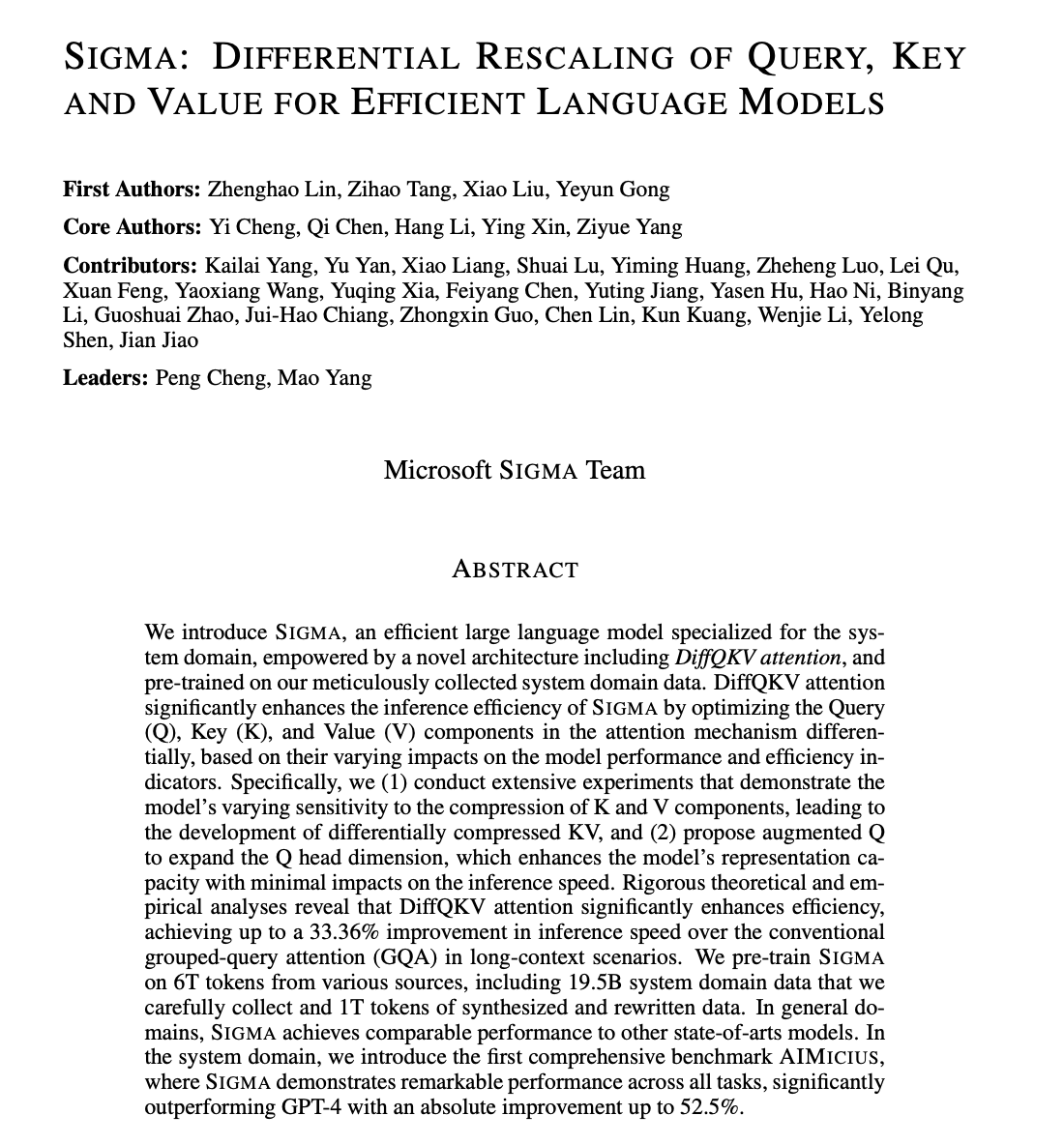 _akhaliq's tweet photo. Microsoft presents Sigma

Differential Rescaling of Query, Key and Value for Efficient Language Models https://t.co/FE0mcsq1ec