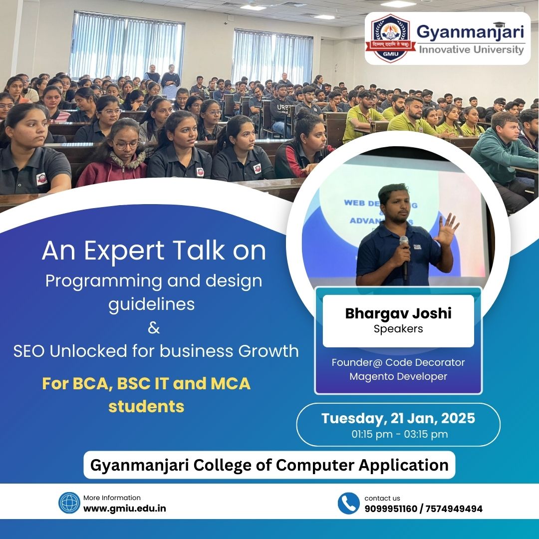 GMGC_Bhavnagar's tweet photo. "Empowering students with essential tech skills for a brighter future! ๐๐ก Programming, design, and SEO insights packed into an engaging session. ๐ป #SkillDevelopment"
#ExpertTalk ๐ก#ProgrammingTips #SEOForGrowth ๐ #StudentLearning ๐ #TechInsights ๐ #GyanmanjariUniversity ๐ซ https://t.co/itZVdSFkZO