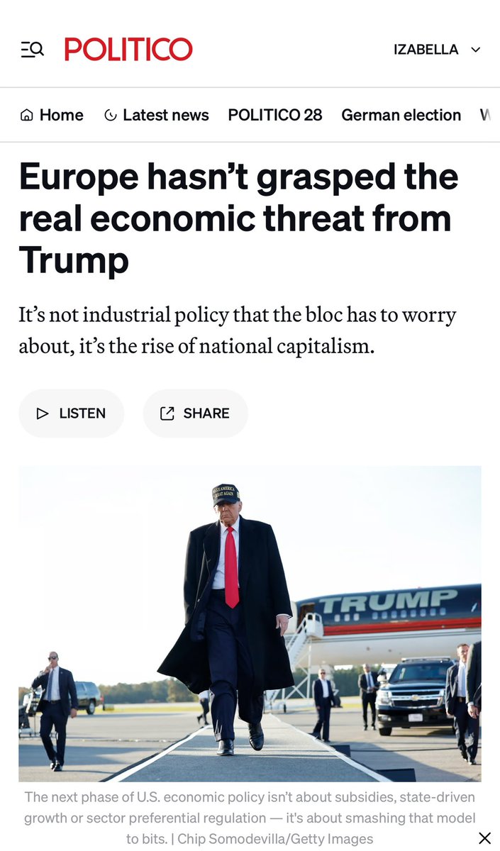 My latest oped 👇

Europe is misdiagnosing Trumpian economic policy and preparing for a battle against an America that no longer exists.

For decades, Europeans bought into the myth that American prosperity was built on free markets and entrepreneurial grit. But then came