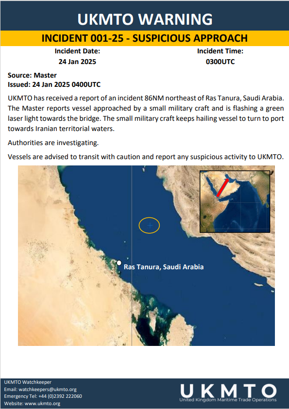 UKMTO WARNING INCIDENT 001-25 - SUSPICIOUS APPROACH