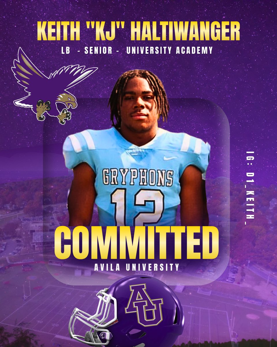 After a great talk with my family, I am excited to say that I am 100% Commited to <a href="/AvilaFootball/">Avila University Football</a> 

<a href="/CoachJMcNeal/">Jerry McNeal Sr.</a> <a href="/APBlakemore/">Coach Blakemore</a> <a href="/TheeMicahD/">Micah Daniels</a> <a href="/GreshamjUa/">UAGryphonsAthletics</a> <a href="/CoachDA82/">Derrick Alexander</a> <a href="/mmathis5757/">Martin Dean Mathis</a>
