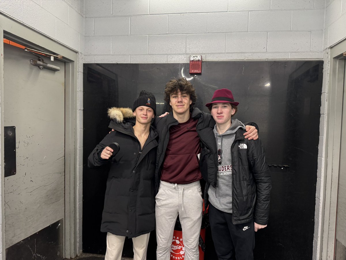 SJCIVarMaroon's tweet photo. VarMar takes down St. Mary’s 3-2 in a gritty affair.  Ace forechecking from Maks Nash gets the game puck, Charlie Morreale (2 A) with the Fedora, Evan Attea (GWG) with the MVP. Mack Tower strong in the nets. #RollVarMar! https://t.co/l58atFA8Gm