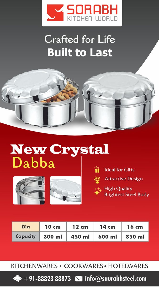 saurabhstee's tweet photo. Dabba New Crystal/ Puri Dabba
Stainless Steel Round-Shaped Container with Push and Pull Lid, the perfect blend of style, durability, and convenience for all your storage needs.
WhatsApp No:-088823 88873
#PuriDabba #StainlessSteel #StainlessSteelLunchBox #EcoFriendlyLunchBox https://t.co/5Js4Fs6Yf5