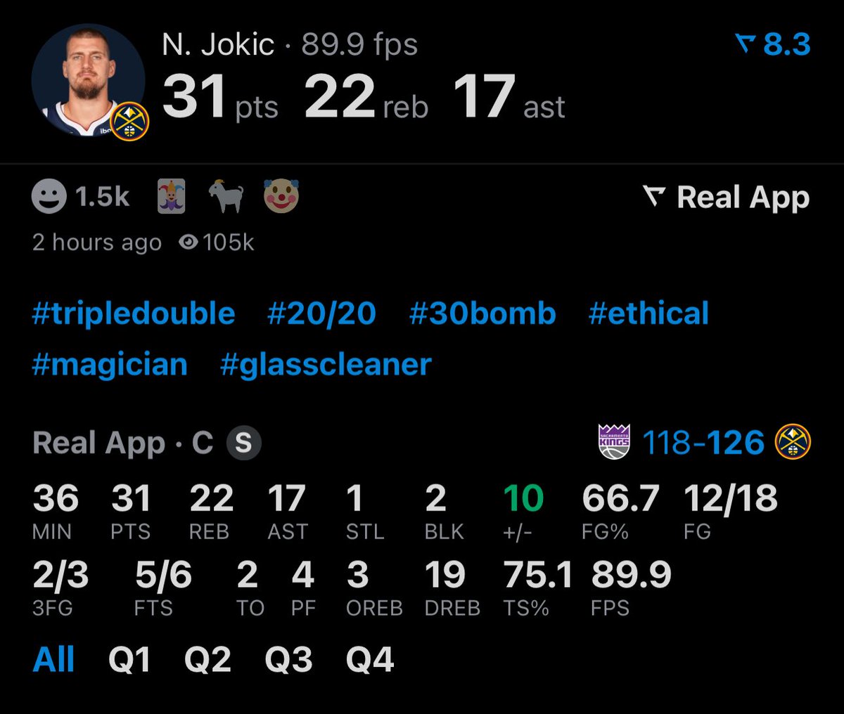 realapp's tweet photo. Nikola Jokic records the first 30/20/15 game since Wilt Chamberlain in 1968. https://t.co/keks5cuqjf