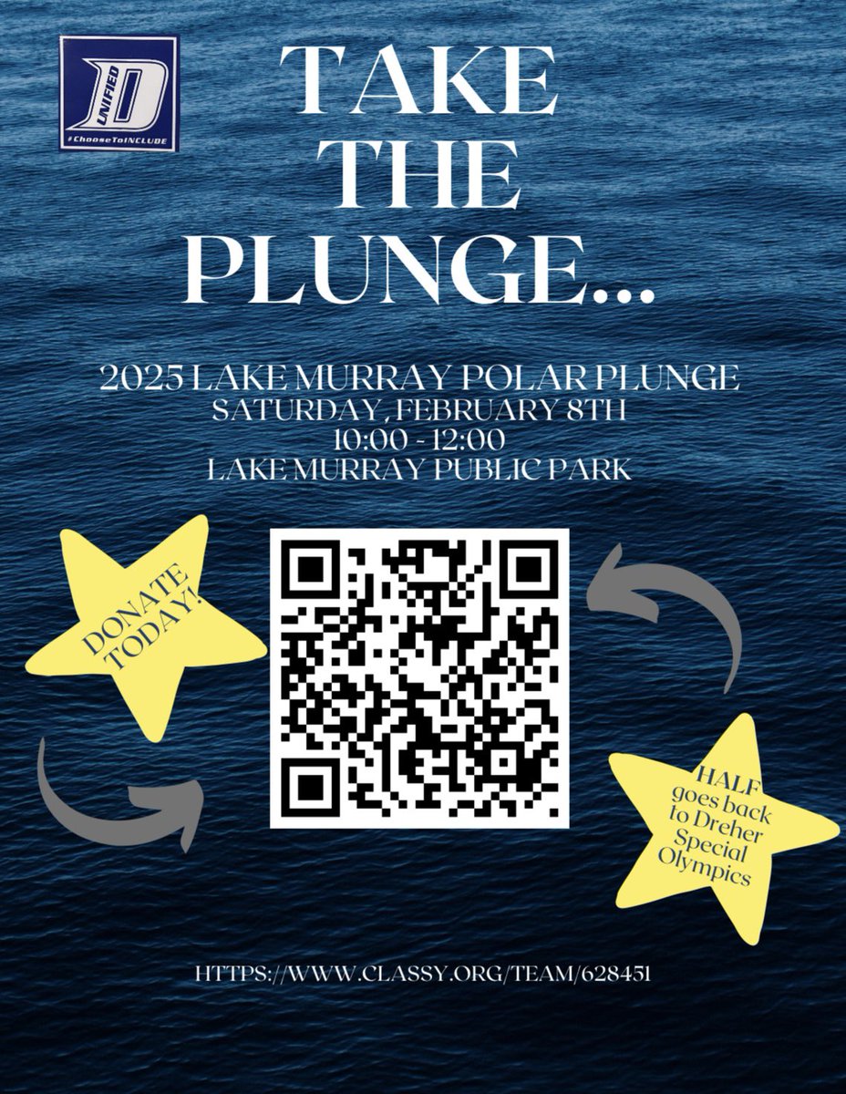 ms_motte's tweet photo. Support @DreherHigh at the Lake Murray Polar Plunge!!! Half of the money raised goes back to the very best @sosouthcarolina athletes! Click here or scan the QR code: https://t.co/qhrD7oXBJG @RichlandOne https://t.co/ruf9Yf49PF