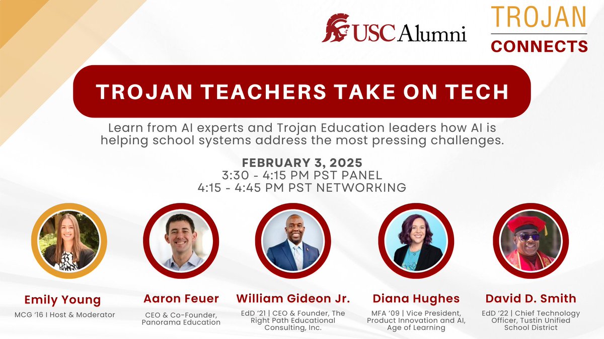 Emily Young (@emilyyoungedu) on Twitter photo 📢Fellow alumni, colleagues, and friends: I will be moderating a panel February 3rd in partnership with the <a href="/USCAlumni/">USC Alumni Association</a> / <a href="/uscyoungalumni/">USC Young Alumni</a> for their inaugural Career-Based Networking Week: Trojan Connects.
Register & spread the word, all are welcome!
fightonline.usc.edu/s/listing/a1UQ… 📢Fellow alumni, colleagues, and friends: I will be moderating a panel February 3rd in partnership with the <a href="/USCAlumni/">USC Alumni Association</a> / <a href="/uscyoungalumni/">USC Young Alumni</a> for their inaugural Career-Based Networking Week: Trojan Connects.
Register & spread the word, all are welcome!
fightonline.usc.edu/s/listing/a1UQ…