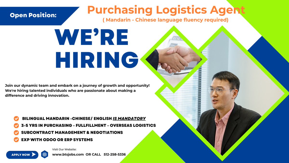 BTSJobsAustin's tweet photo. #hiring #purchasingAGENT #mandarinspeaking  #bilingual # purchasing #fullfillment and #overseasLOGISTICS  note remote - this is in our corporate offices in AUSTIN TEXAS    - Call today to learn more Building Team Solutions, Inc on Google: https://t.co/u3GtB3Lj5N https://t.co/cbFa9VuEGF