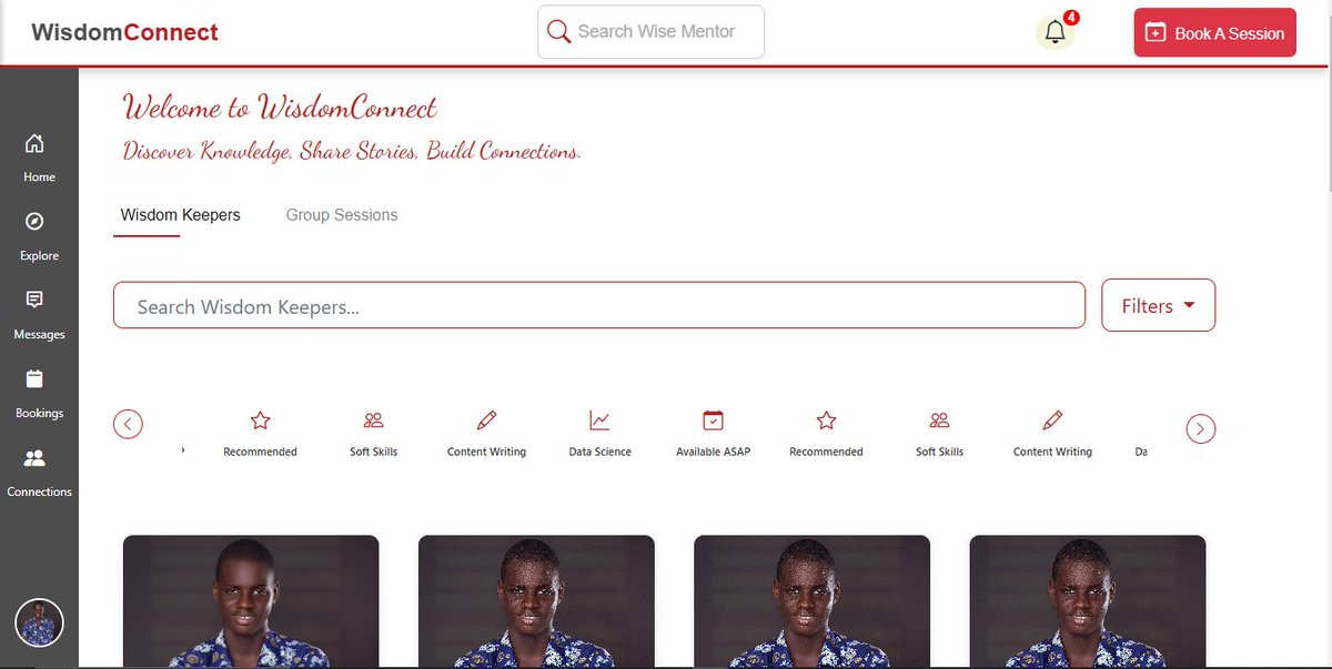 Emmanuel_3337's tweet photo. Alright, here's the updated version:

Another progress made on WisdomConnect! 🎉

The Explore Page is ready, where users can browse elders’ profiles in areas like history, self-care, and more, and book sessions to connect and learn. 🧓➡️👩‍💻

More updates coming soon! 💡 https://t.co/3YPXBHI3s2