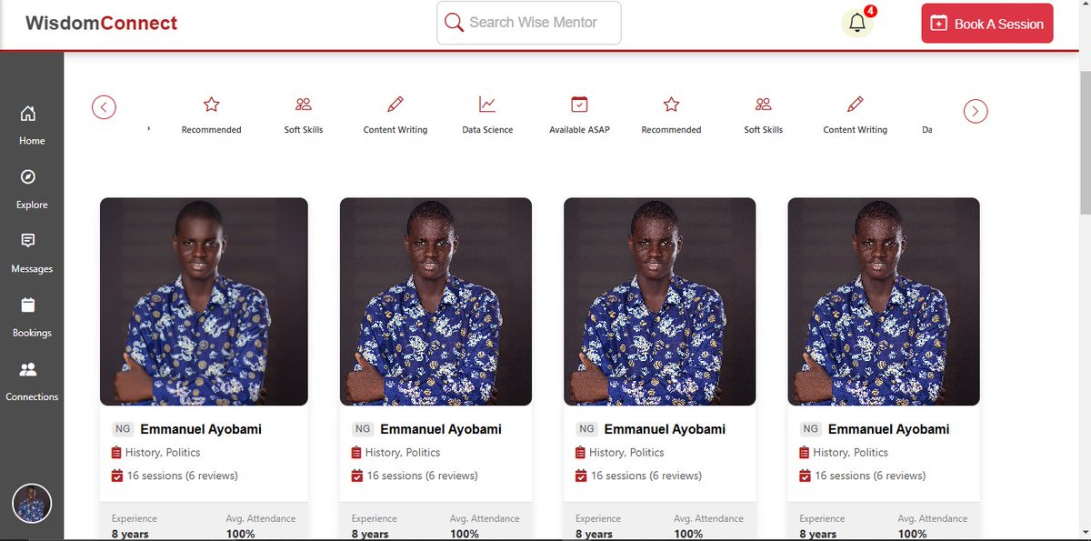 Emmanuel_3337's tweet photo. Alright, here's the updated version:

Another progress made on WisdomConnect! 🎉

The Explore Page is ready, where users can browse elders’ profiles in areas like history, self-care, and more, and book sessions to connect and learn. 🧓➡️👩‍💻

More updates coming soon! 💡 https://t.co/3YPXBHI3s2
