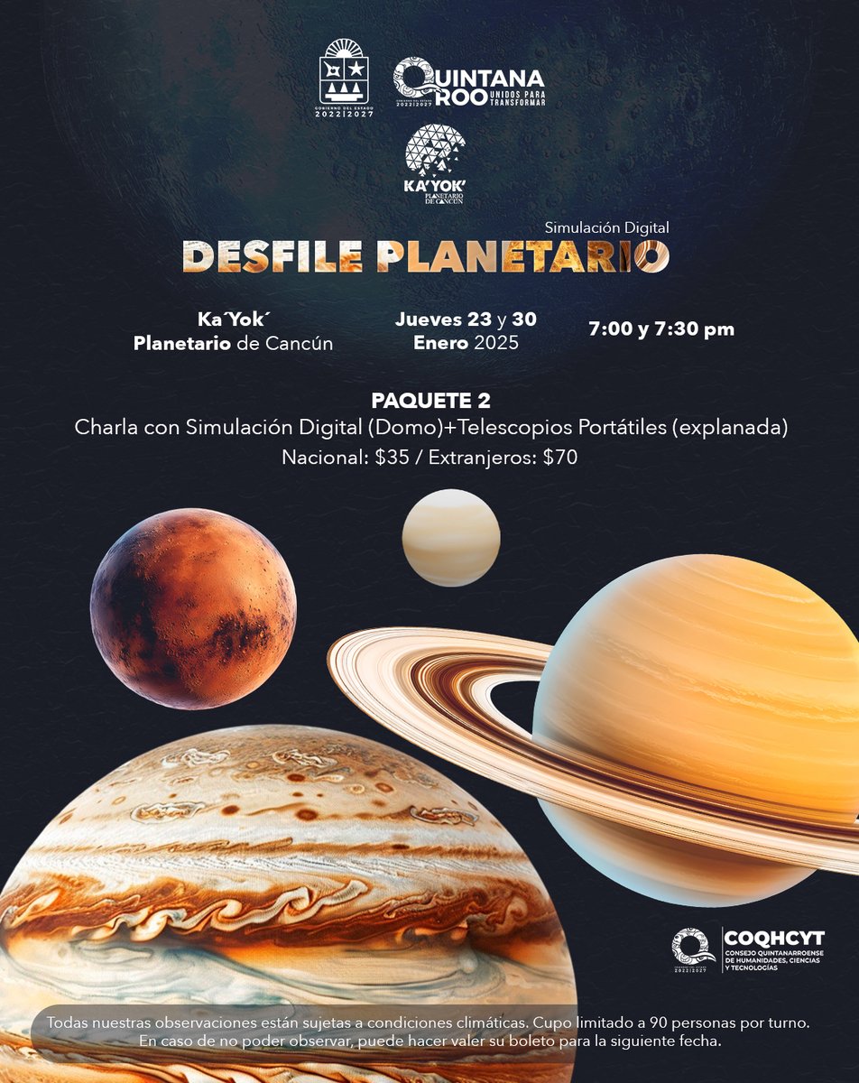 Ka'Yok' Planetario de Cancún (@planetariocun) on Twitter photo DESFILE PLANETARIO - #Planetas, juntos pero no Alineados. Te mostramos con telescopios los planetas, también la simulación digital en el domo.
23 y 30 Enero. Elige paquete 1 o paquete 2.
<a href="/VivoEnCancun/">Vivo en Cancún 🏖️</a> <a href="/Lizzysa/">Lizzy Santoyo</a> <a href="/PorqueAmoCancun/">🏝 Porque yo amo a Cancún y sus alrededores 🏝</a> <a href="/DonLimon/">J Pablo Torres Limón</a> DESFILE PLANETARIO - #Planetas, juntos pero no Alineados. Te mostramos con telescopios los planetas, también la simulación digital en el domo.
23 y 30 Enero. Elige paquete 1 o paquete 2.
<a href="/VivoEnCancun/">Vivo en Cancún 🏖️</a> <a href="/Lizzysa/">Lizzy Santoyo</a> <a href="/PorqueAmoCancun/">🏝 Porque yo amo a Cancún y sus alrededores 🏝</a> <a href="/DonLimon/">J Pablo Torres Limón</a>