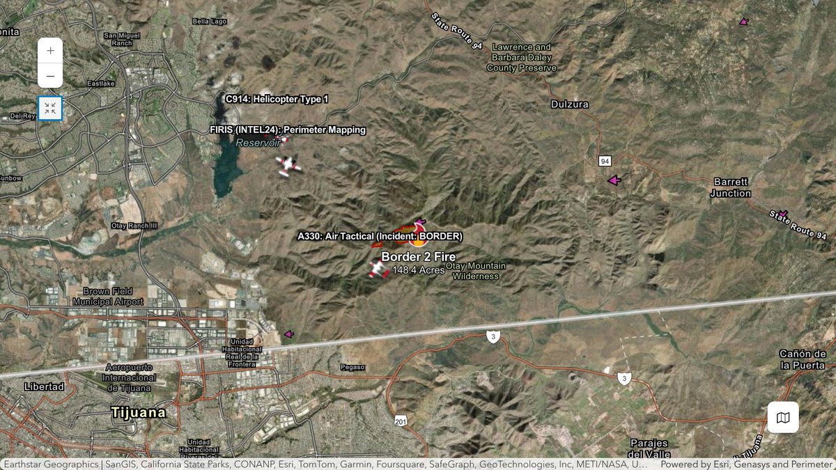 USAS_WW1's tweet image. #Border2Fire #SanDiego #CaliforniaWildfires #BorderFire: New fire started today 2:31 PM 20 miles SE of San Diego at Otay Mountain. 148 acres. Fire Integrated Real-time Intelligence System (FIRIS) aircraft, air tankers, helicopters, + 9 more and 91+ firefighters on scene.🙏🧑‍🚒🚒🔥