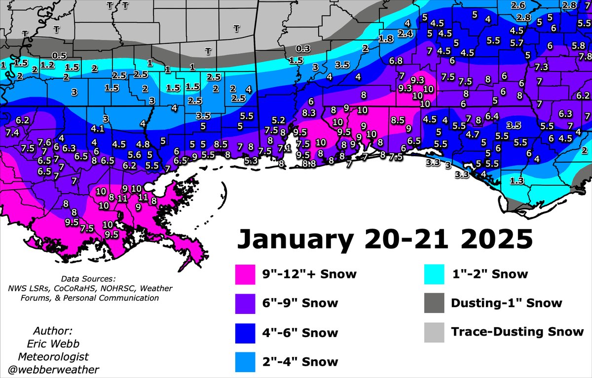 Here's my special hand-drawn snow accumulation map for the historic snowstorm that impacted the Gulf Coast earlier this week.

This storm smashed a ton of records on the Gulf Coast &amp; certainly will be remembered for many decades to come. 

The heaviest snow in excess of 9-10"