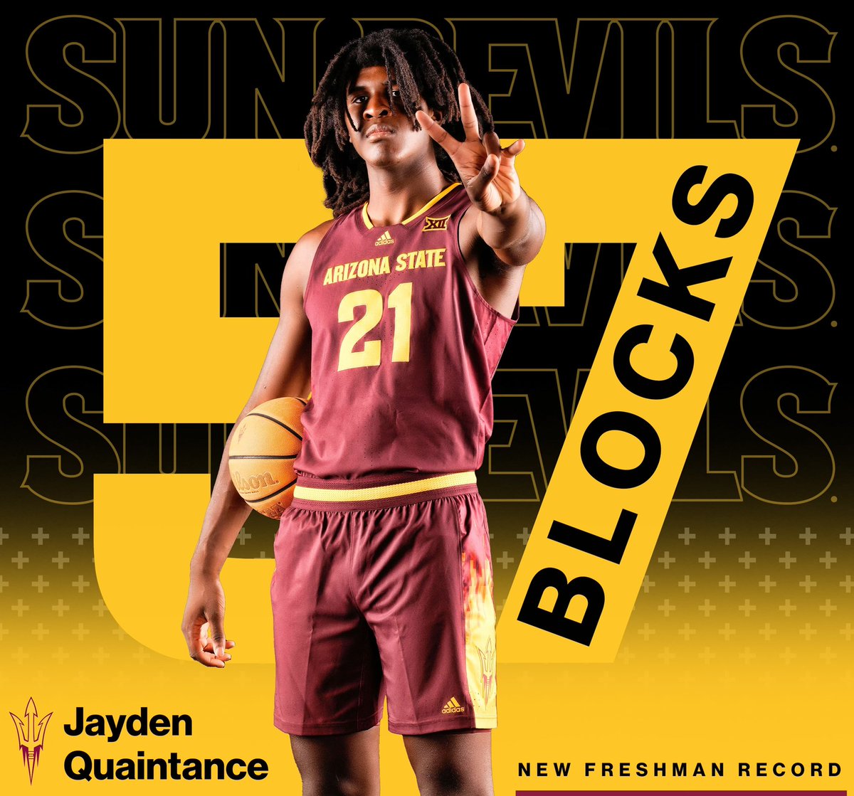 Sun Devil MBB (@sundevilhoops) on Twitter photo 🔱 NEW PROGRAM RECORD 🔱
Jayden Quaintance has 5️⃣7️⃣ blocks this season, the most ever by a Sun Devil freshman 😈
He broke the record in only 1️⃣8️⃣ games 🤩
<a href="/qjayhoops/">Jayden Quaintance</a> /// <a href="/TheSunDevils/">Arizona State Sun Devils</a> 🔱 NEW PROGRAM RECORD 🔱
Jayden Quaintance has 5️⃣7️⃣ blocks this season, the most ever by a Sun Devil freshman 😈
He broke the record in only 1️⃣8️⃣ games 🤩
<a href="/qjayhoops/">Jayden Quaintance</a> /// <a href="/TheSunDevils/">Arizona State Sun Devils</a>