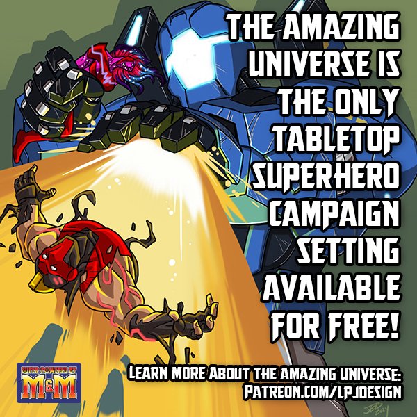 lpjdesign's tweet photo. The Amazing Universe is the only tabletop superhero campaign setting available for free. Follow the link below to learn more: https://t.co/SPVL2BPPM6

#AmazingUniverse #MutantsAndMasterminds #TTRPG #3PP #HeroGames #Marvel #DCComics #Superhero #GreenRonin #comics https://t.co/2hDAsYhIYK
