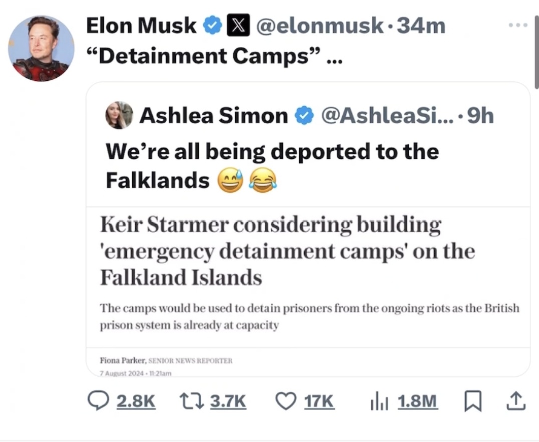 docrussjackson's tweet photo. "Elon Musk is a moderate."

The dangerously irresponsible shit-stirring disinformation superspreader oligarch dickhead quote tweeted the co-leader of far-right party Britain First, sharing a grotesque fake headline.

It was seen by 1.8 million people.

Is he fuck "moderate". https://t.co/u6iPRY3U5t
